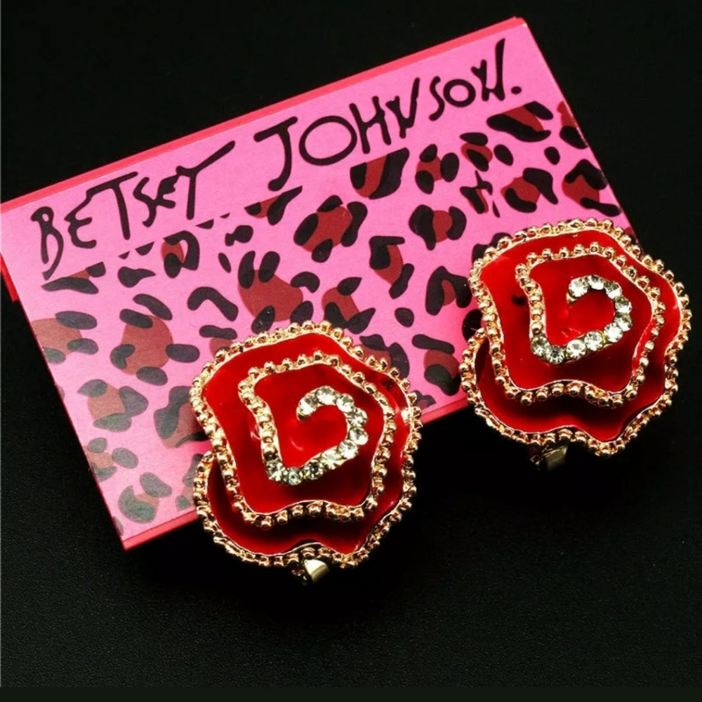Betsey Johnson red rose/ crystal earrings - Picture 3 of 3